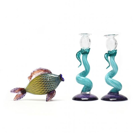 Pair of Art Glass Candlesticks and Fish, Signed