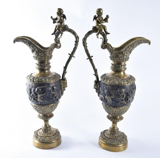 Pair of Continental Semi-Antique Bronze Vase Pitchers