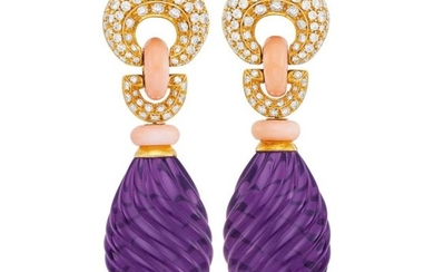 Pair of Gold, Diamond, Angel Skin Coral and Fluted Amethyst Pendant-Earclips