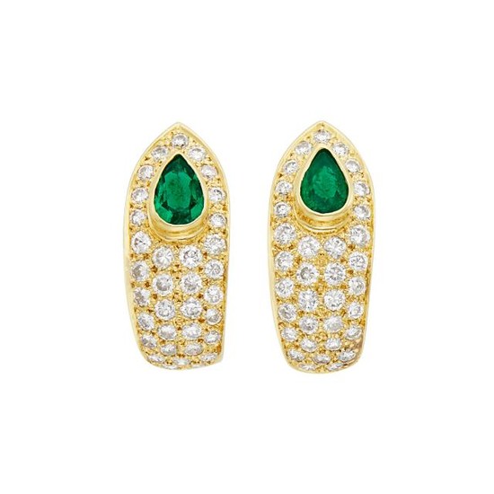 Pair of Gold, Emerald and Diamond Earrings
