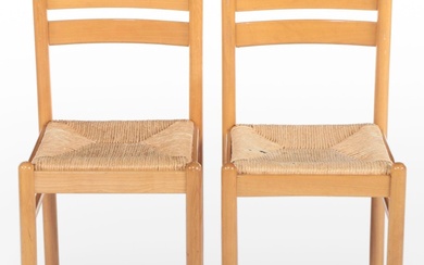 Pair of Italian Modernist Beech and Rush-Woven Side Chairs
