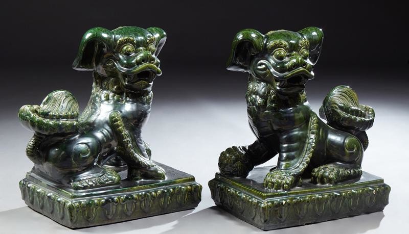 Pair of Large Chinese Green Glazed Terracotta Foo Dogs