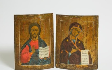 Pair of Russian Icons: Christ Pantocrator and Theotokos The