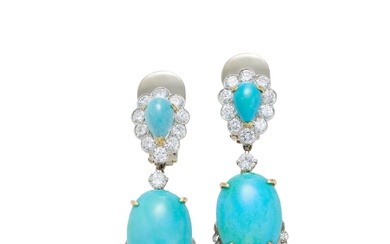 Pair of Turquoise and Diamond Ear Clips | 綠松石 配...