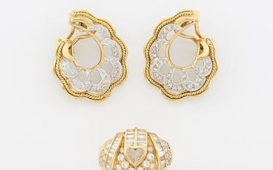 Pair of Two-Color Gold and Diamond Earclips and Gold and Diamond Ring