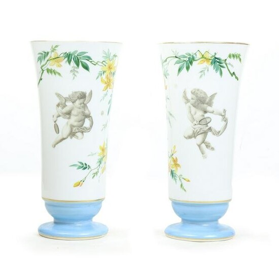 Pair of Victorian enameled glass footed vases