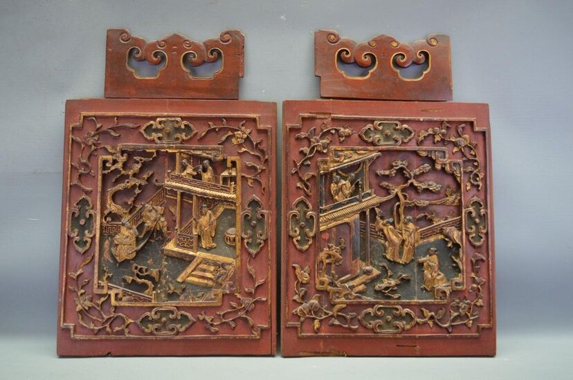 Pair of carved wooden panels, China with characters63x42...