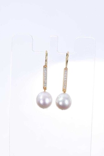 Pair of cultured pearl and diamond pendant earrings in 18ct gold setting