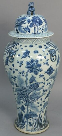 Palace size blue and white Chinese vase with top, ht.