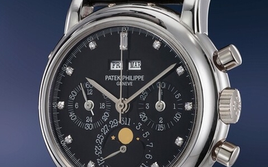 Patek Philippe, Ref. 3970E A highly rare and attractive platinum perpetual calendar chronograph wristwatch with moon phases