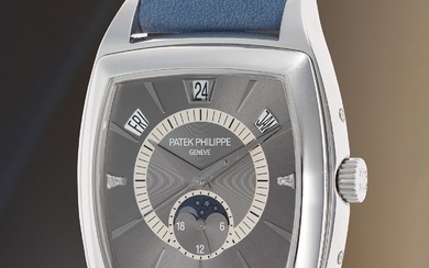 Patek Philippe, Ref. 5135P-001 A fine and rare platinum annual calendar wristwatch with diamond-set dial, 24-hour indicator, moon phase, Certificate of Origin, and presentation box