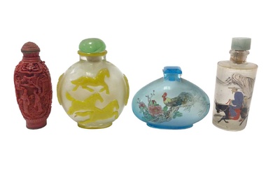 Peking style overlay glass snuff bottle, 8cm high, three others
