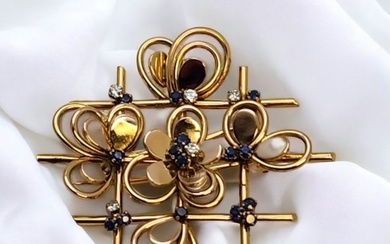 Pendant Vintage 18k 750 Gold Diamond Brooch - Ruby