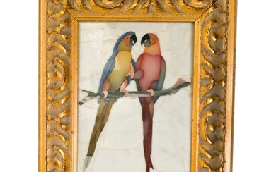 Pietra Dura Plaque, Parrots in Giltwood Frame.