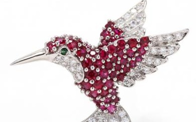 Platinum, Ruby, and Diamond Hummingbird Brooch, Scully & Scully