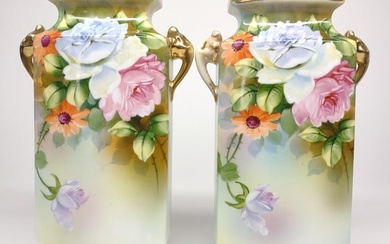 Pr of Nippon Floral Pink & Blue Rose Vases
