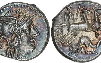 RÉPUBLIQUE ROMAINE Anonymes. Denier, avec tête d’éléphant ND (128 av. J.-C.), Rome. RRC.262/1 ; Argent...