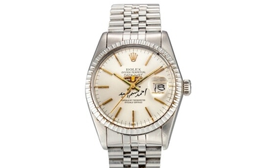 ROLEX | DATEJUST, REFERENCE 16030, A STAINLESS STEEL WRISTWATCH WITH DATE, UNUSUAL EMBLEM, INSCRIPTION IN ARABIC AND BRACELET, CIRCA 1980