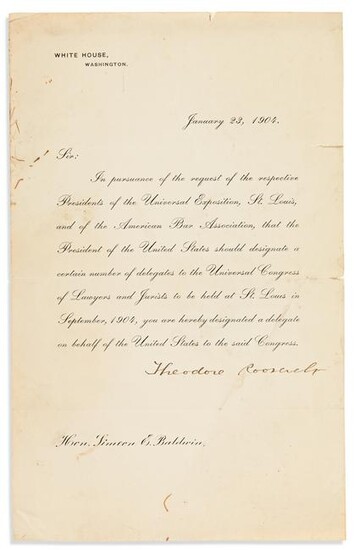 ROOSEVELT, THEODORE. Printed Letter Signed, as