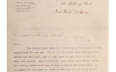 ROOSEVELT, Theodore (1858-1919). Typed letter signed ("Theodore Roosevelt"), as Police Commissioner.