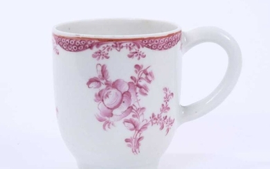 Rare Lowestoft coffee cup, painted in puce monochrome with flower sprays and sprigs, a red line under the rim and an elaborate puce border below, 6.1cm high