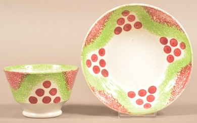 Red & Green Spatterware Christmas Balls Cup & Saucer.
