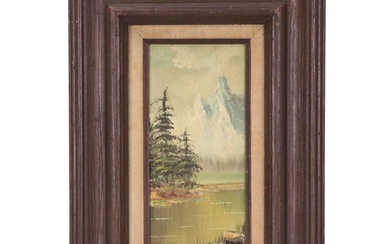 Reedes Oil Painting of a Landscape with Mountains and Pine Trees