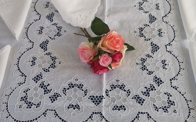 Rich tablecloth x12 (with 24 napkins) in pure linen with Intaglio and Punto Rica embroidery by hand - Linen - AFTER 2000