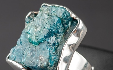 Ring with large gem in the rough state Natural Rough Neon Blue Apatite - Height: 32 mm - Width: 29 mm- 25 g