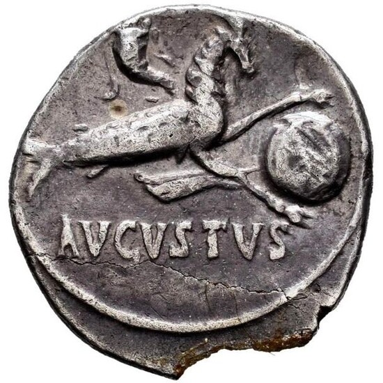 Roman Empire. Augustus (27 BC-AD 14). AR Denarius,Colonia Patricia 18 BC - Capricorn right, holding globe over rudder; above, cornucopiae
