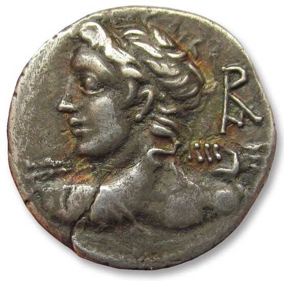Roman Republic. L. Caesius. AR Denarius,Rome 112-111 BC - bust of Apollo