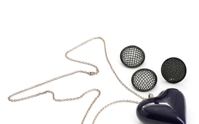 Royal Copenhagen: Heart shaped porcelain and sterling silver pendant and “Mirror Line” black lacquered metal ring and earrings with mirrors. (4)