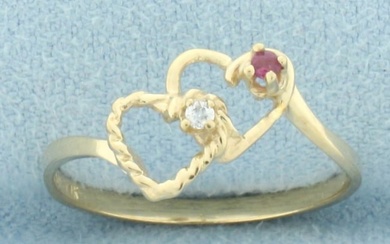 Ruby and Diamond Double Heart Ring in 10k Yellow Gold