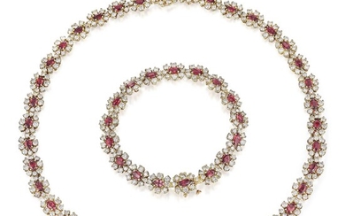 Ruby and Diamond Necklace and Bracelet Set