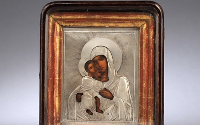 Russian icon with silver ritza, Mother of God Feodorovskaya, circa 1900