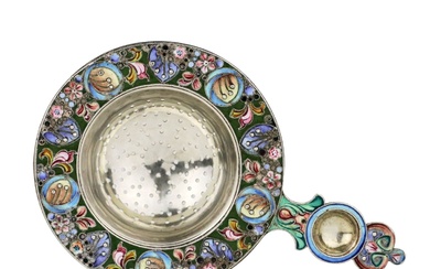 Russian silver tea strainer, with enamel decor, in the spirit...