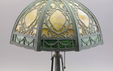 SLAG GLASS PANEL LAMP Early to Mid-20th Century Height 23". Shade diameter approx. 16".