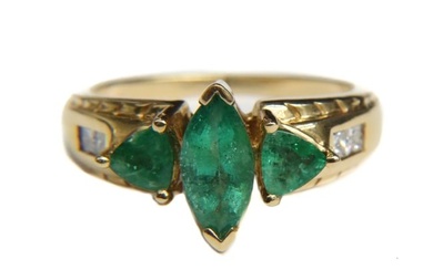 STS 14k Yellow Gold Emerald and Diamond Ring, Size 7