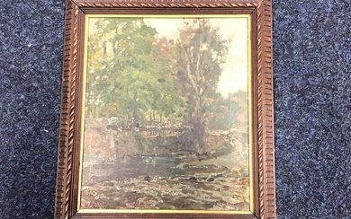 Samuel Lamorna Birch, oil on board, river landscape with figure...