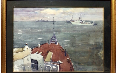 Scorcio di mare con navi da guerra, acquarello su carta, cm 50x70, datato 1944, entro cornice., Salomon Boim (1899 - 1978)