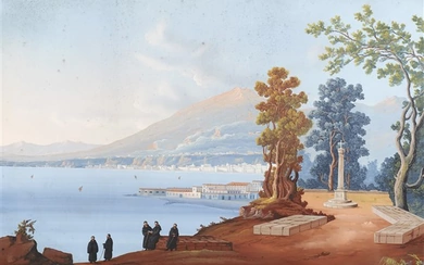 Scuola napoletana del secolo XIX Golfo di Napoli ��con monaci Gouache su carta