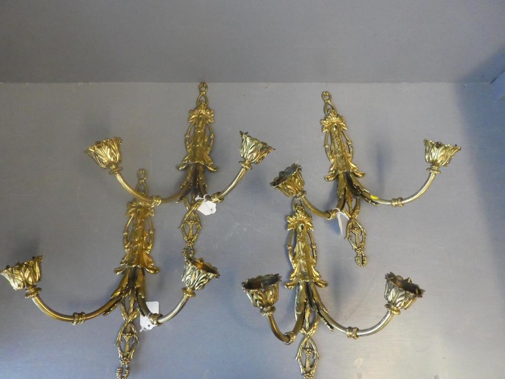 Set of 4 twin branched gilt metal wall lights 37h x 33w cm