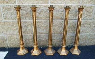 Set of 5 Antique Altar Candlesticks + Solid Bronze +