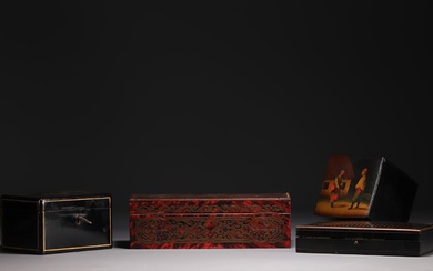 Set of four marquetry and lacquer boxes including a glove...