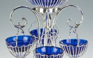 Silver Plated Wirework Epergne w/ Cobalt Glass Baskets