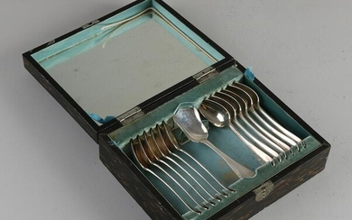 Silver spoon set, 833/000, in beautiful lacquer