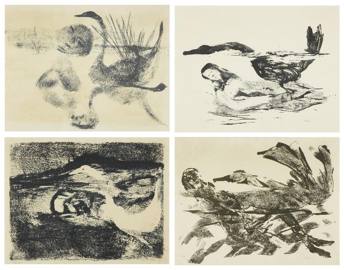 Sir Sidney Robert Nolan OM AC CBE RA Hon.RE, Australian 1917-1992, Leda and the swan, Leda Suite, 1961; each lithograph on wove, each signed and numbered 28/125, each visible image: 44 x 57 cm, (framed) (ARR) (4) Provenance: The Zwemmer Gallery...