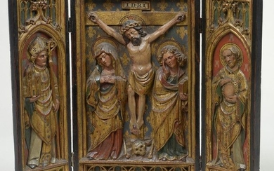Small tryptic, bas-relief in carved, polychromed and gilded...