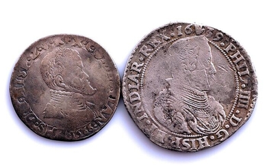 Spanish Netherlands. Felipe II y Felipe IV de España. 1/5 Filipsdaalder 1566 y 1/2 patagón 1639 Amberes - Escasas