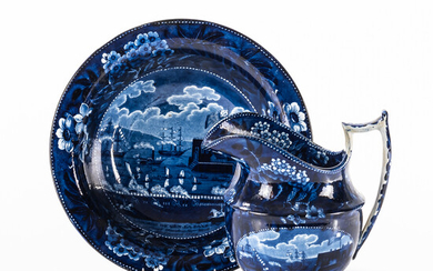 Staffordshire Historical Blue Transfer-decorated "Landing of Gen. Lafayette" Pitcher and Bowl